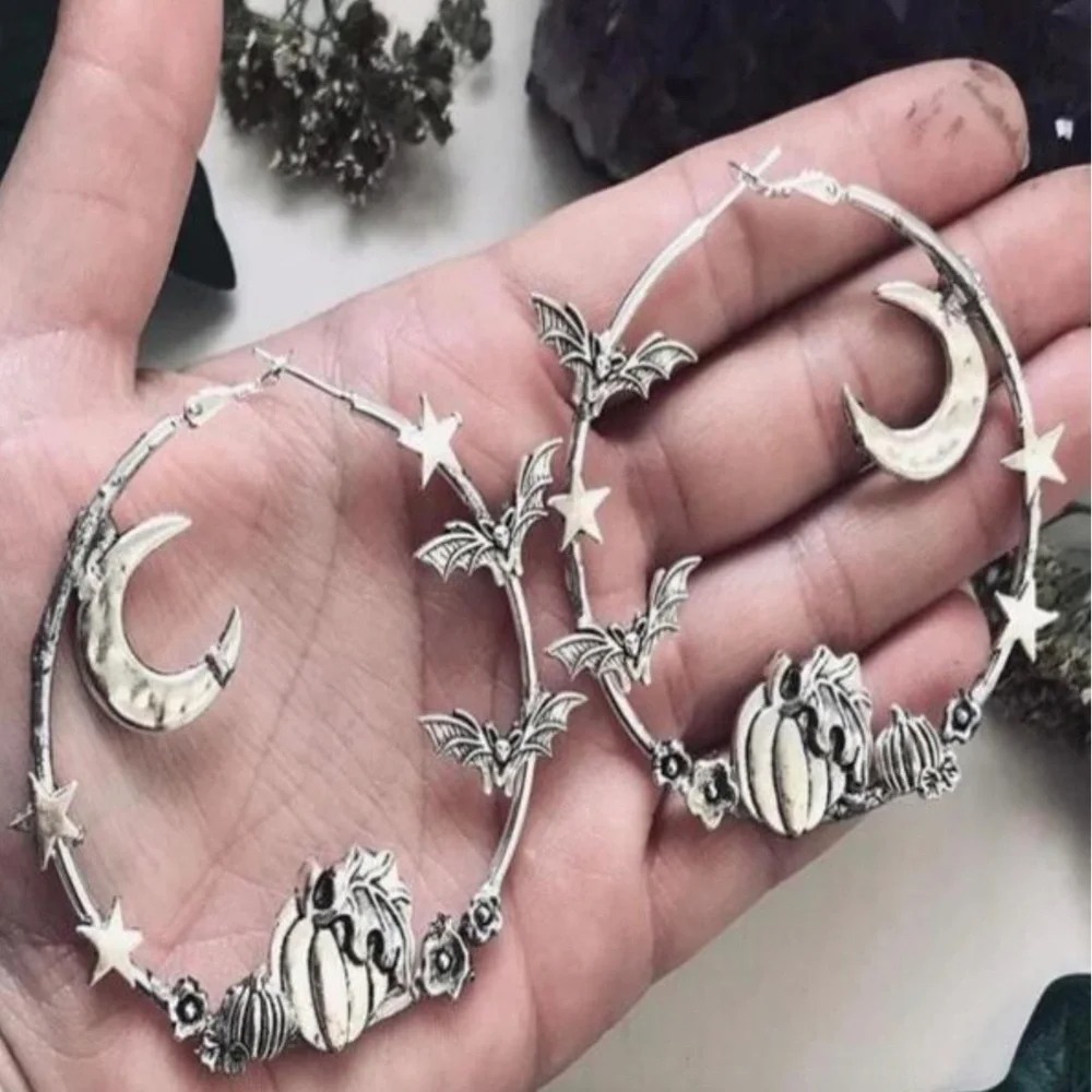 Silver Hoop‎ Earrings Moon Stars Bats Pumpkins Goth Halloween Witch Whimsygoth